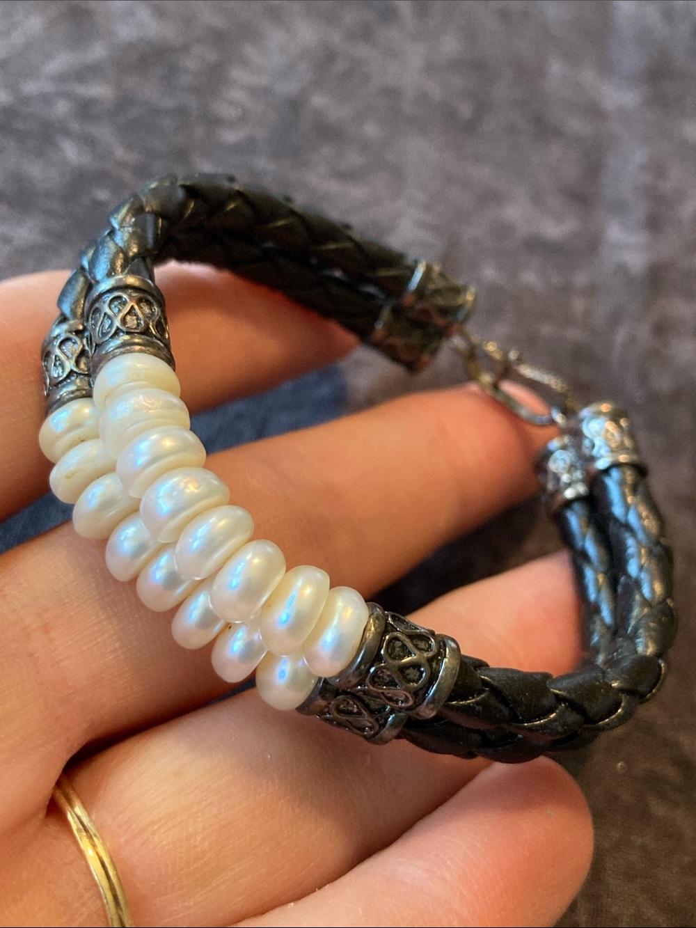 Braided Cord Bracelet with White Freshwater Cultured Button Pearls
